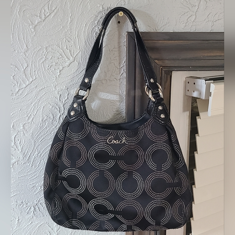 Black Sateen Coach Ashley Dotted Op Art Hobo Shoulder Bag